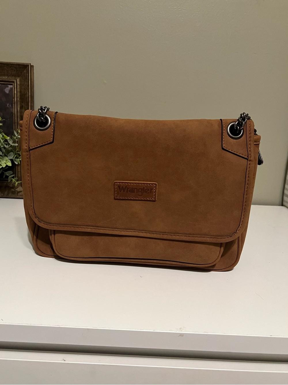 Wrangler Brown Suede Shoulder Bag with Chain Accents